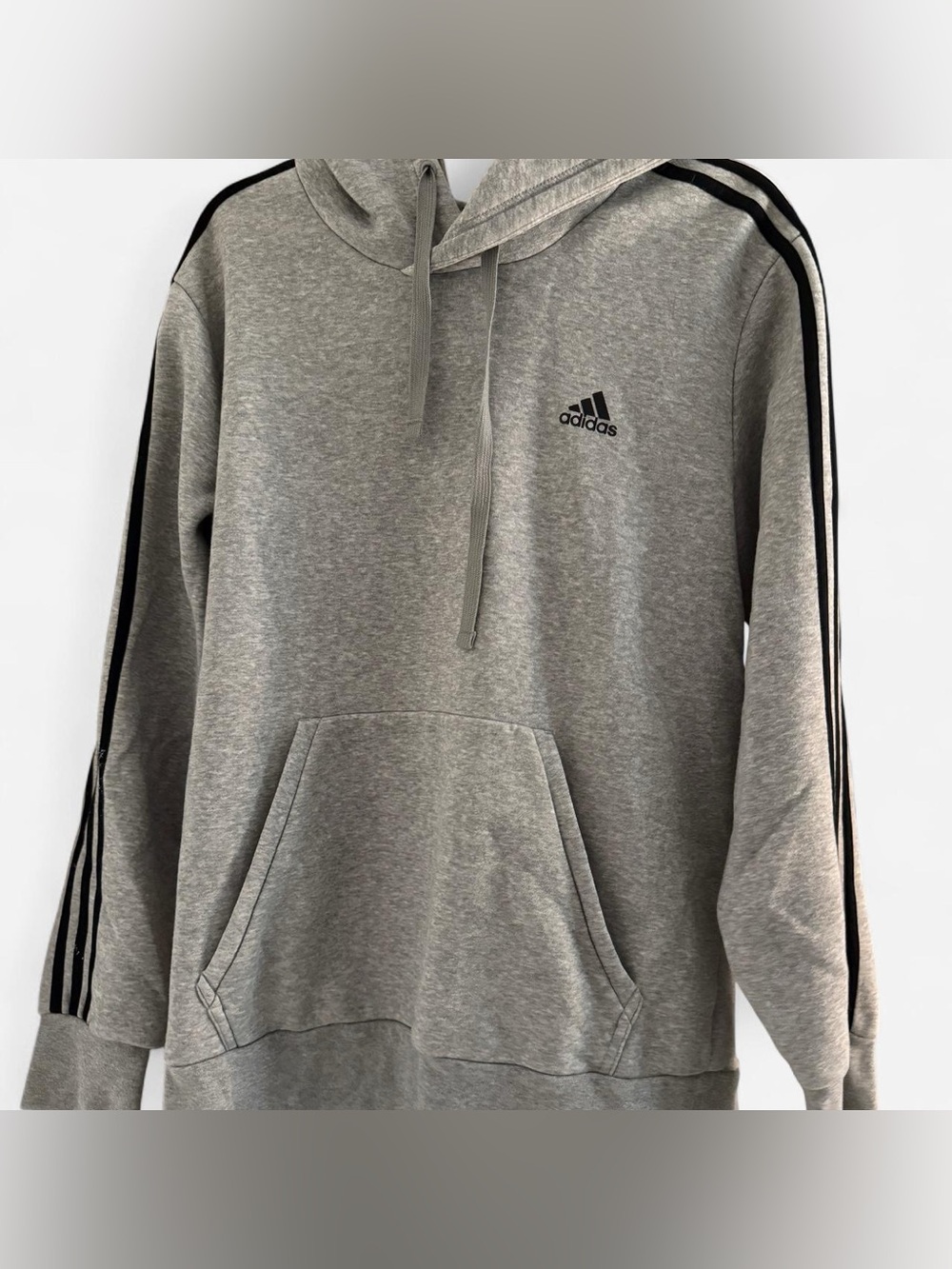 Grey Adidas hoodie with black stripes